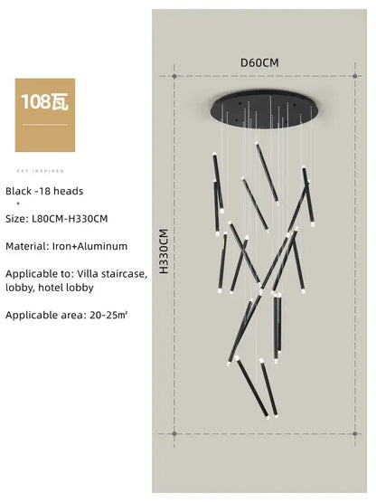 Modern minimalist black round tube led chandelier with 18 slender iron and aluminum light heads for staircase decorbites black round
