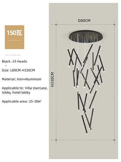 Modern minimalist black round tube led chandelier with 25 slender intersecting iron and aluminum arms for staircase decorbites black round