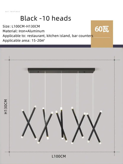 Modern minimalist black round tube led chandelier with ten iron and aluminum x-shaped arms and white led bulbs for decorbites black round