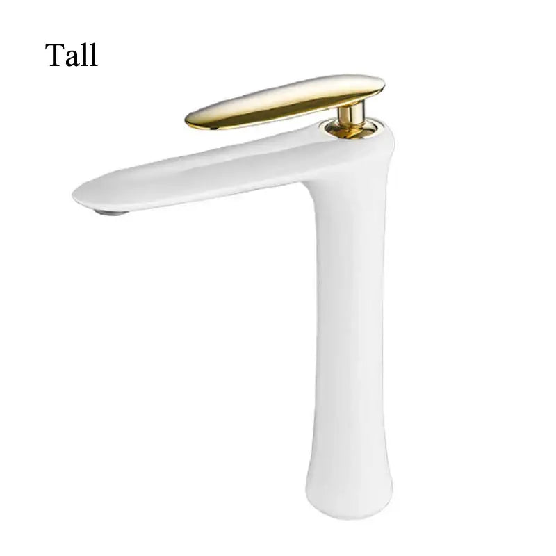 Modern minimalist white brass bathroom faucet with tall ceramic body and sleek gold-tone spout by decorbites black