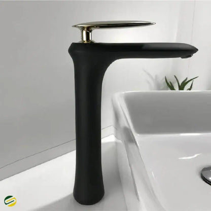Modern minimalist decorbites black brass bathroom faucet with black matte finish and polished gold-tone spout