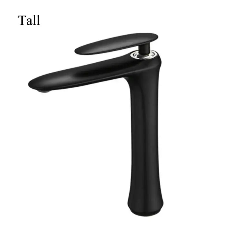 Modern minimalist black and white brass bathroom faucet with black matte finish and chrome accents by decorbites black