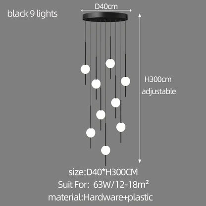 Modern minimalist black pendant chandelier with nine white spherical lights by decorbites creative led for living room decor