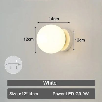 Modern minimalist black and white frosted glass ball led wall lamp with a white spherical diffuser, 12cm diameter wall lamp