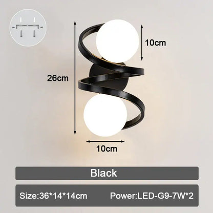 Modern minimalist black spiral wall lamp with two frosted glass ball led lights for bedroom lighting