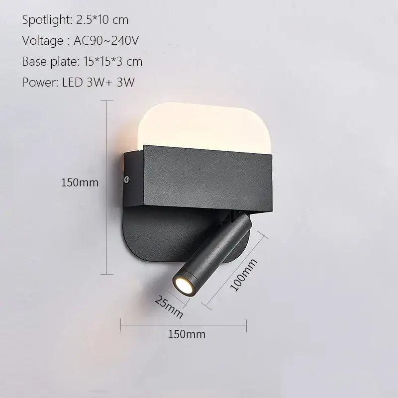 Modern black metal led wall lamp with rectangular base and adjustable cylindrical head usb bedroom sconce
