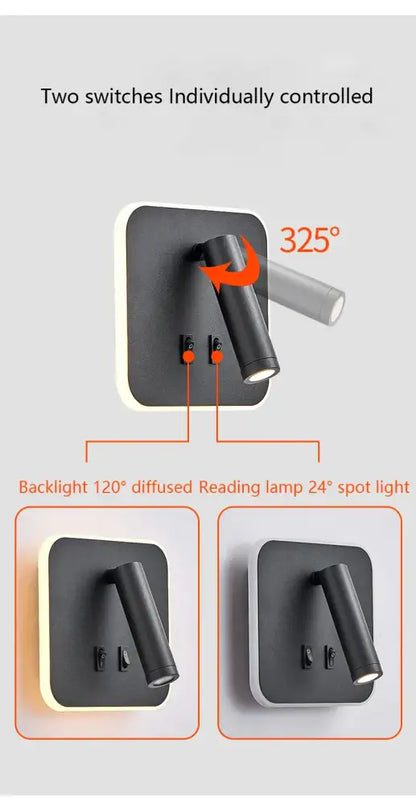 Modern minimalist black matte led wall lamp usb with adjustable 325-degree swivel head and dual-switch control