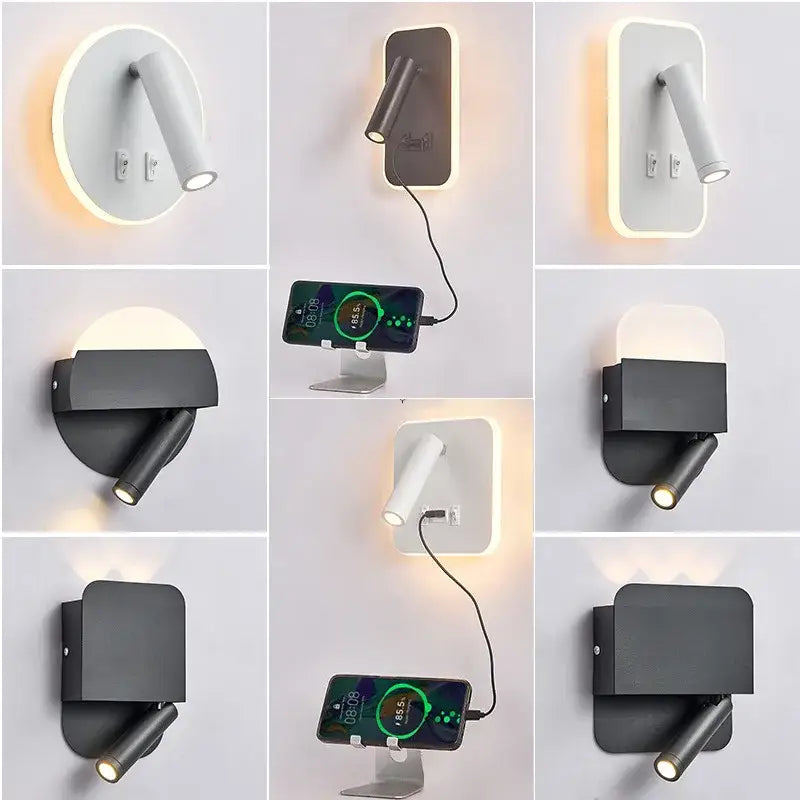 Modern minimalist black and white led wall lamp usb bedroom sconce with adjustable spotlights and sleek backplates