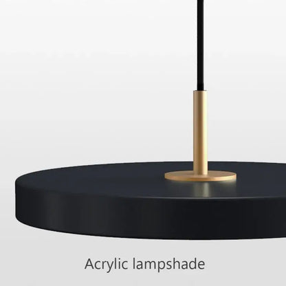 Modern minimalist pendant light with black acrylic lampshade and gold metal stem for decorbites led study disc use
