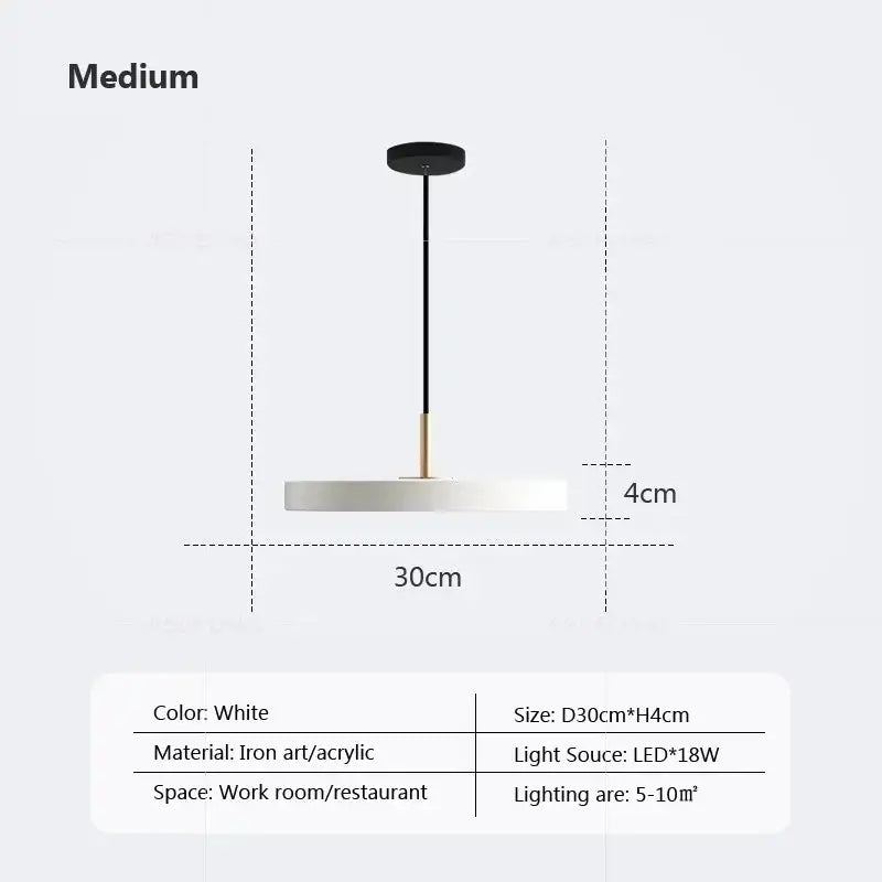 White circular pendant light with black mount and brass accent made of iron art and acrylic for decorbites led study