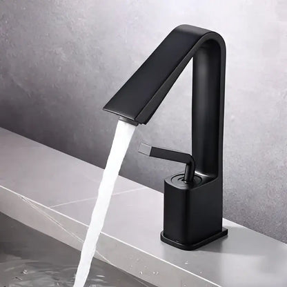 Modern minimalist brush gold basin faucet with black matte finish and sleek angular design for bathroom sink mixer tap