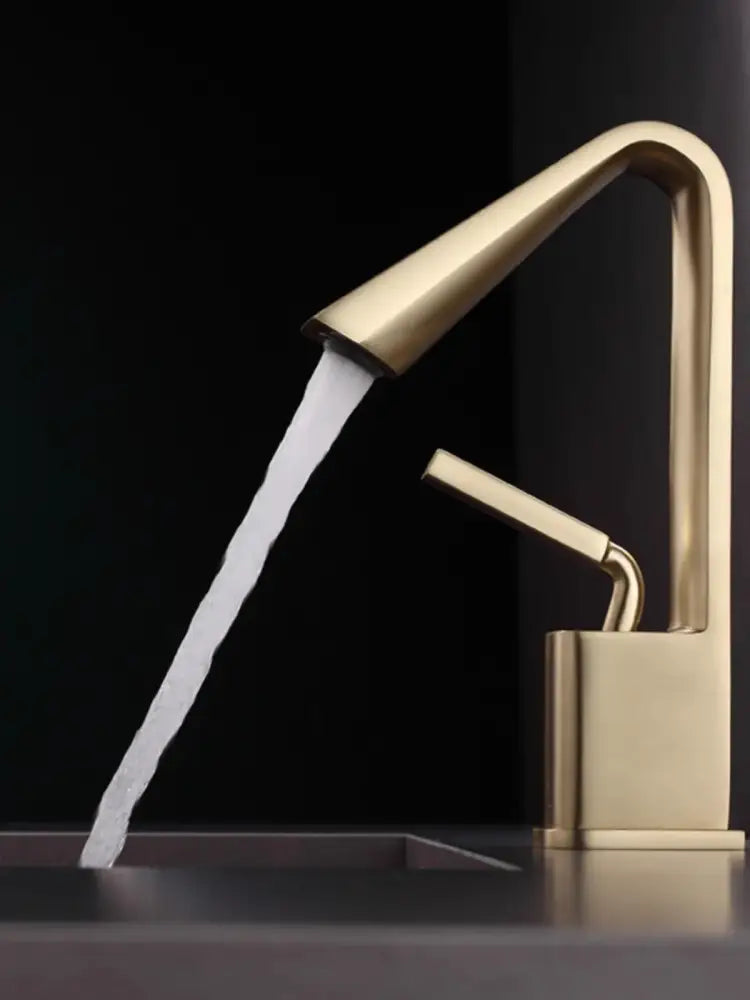 Modern minimalist brush gold basin faucet with brass finish and curved spout for bathroom sink decorbites brush gold design