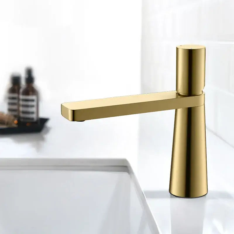Modern minimalist brushed gold basin faucet with sleek design and decorbites brushed gold finish for bathroom use