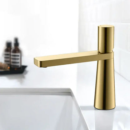Modern minimalist brushed gold basin faucet with sleek design and brushed metal finish by decorbites brushed gold