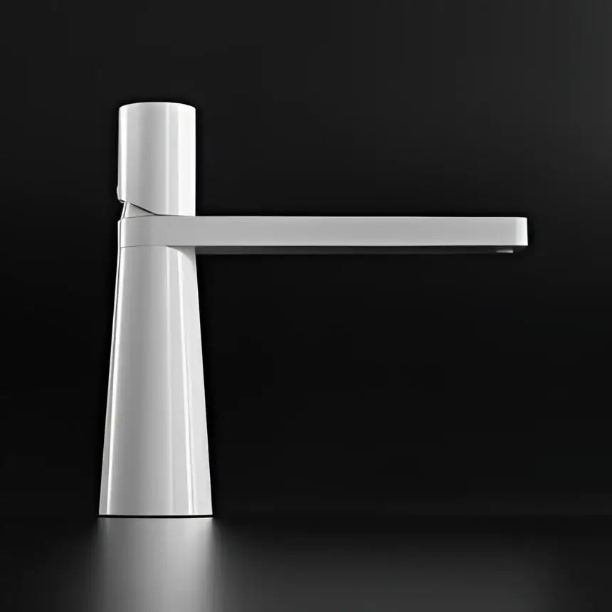 Modern minimalist brushed gold basin faucet with white ceramic body and sleek long horizontal spout decorbites brushed gold