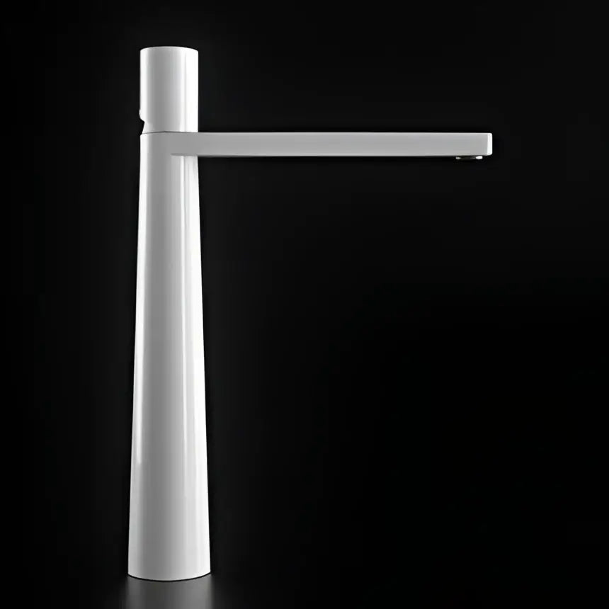 Modern minimalist basin faucet with brushed gold finish and white ceramic tall cylindrical base for bathroom decorbites brushed gold