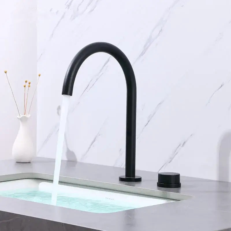 Modern minimalist brushed gold basin faucet with black matte finish curved spout by decorbites brushed gold design