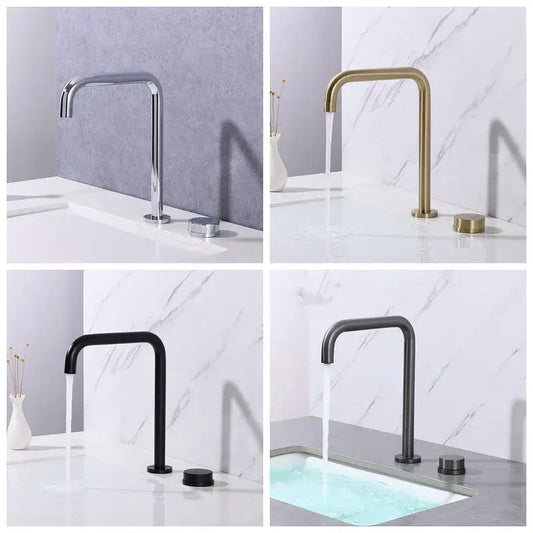 Modern minimalist brushed gold basin faucet with sleek curved spout and matching handles by decorbites brushed gold