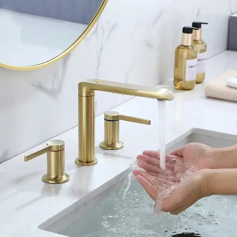 Modern minimalist brushed gold brass widespread bathroom faucet with three separate handles in decorbites brushed gold finish