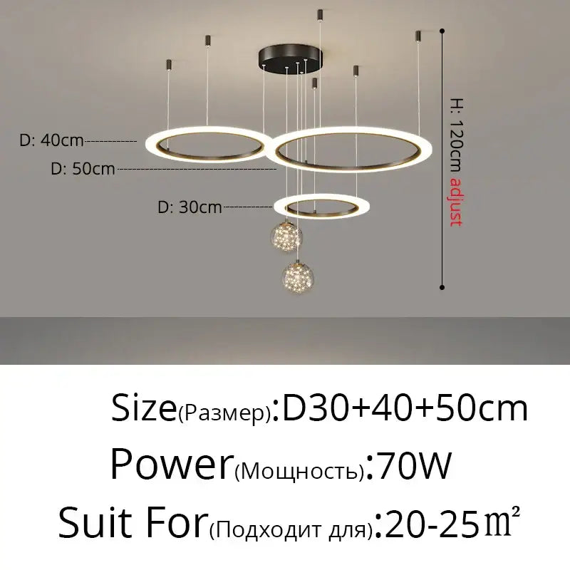 Modern minimalist circle ring pendant light with three black concentric led rings and crystal spheres for bedroom decorbites circle ring