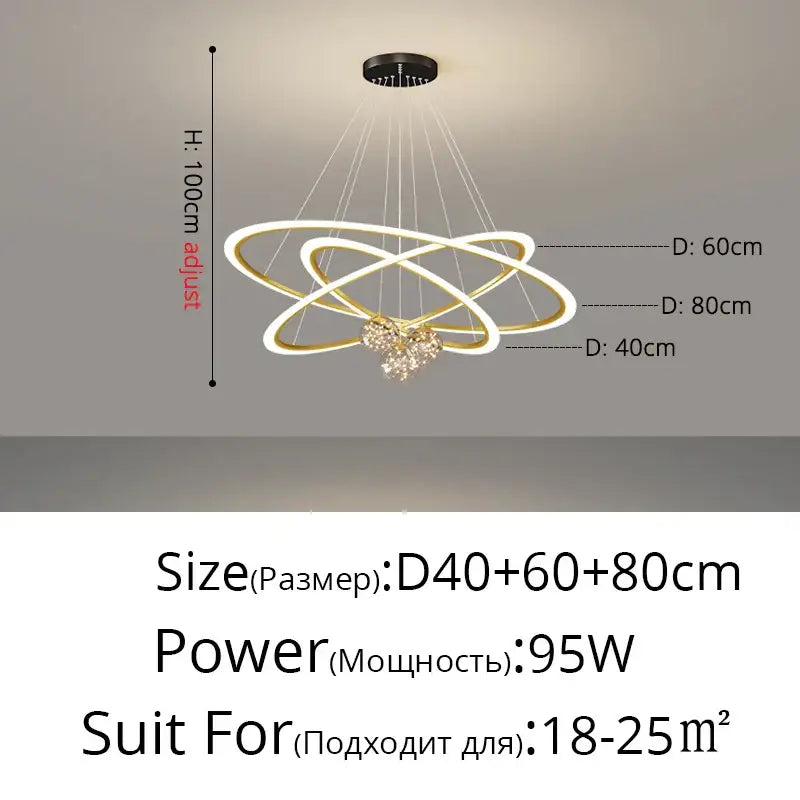 Modern gold-toned led decorbites circle ring pendant light with three interlocking rings and crystal heart pendant chandelier