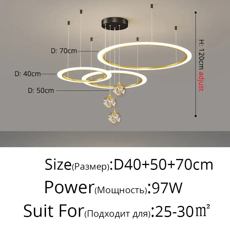 Modern minimalist decorbites circle ring pendant light with three gold-rimmed rings and crystal spheres chandelier