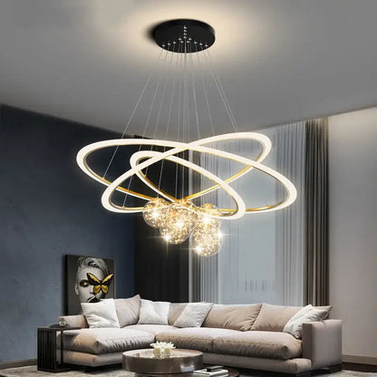 Modern minimalist circle ring pendant light with interlocking gold and white rings and glowing bulbs for bedroom decorbites circle ring chandelier