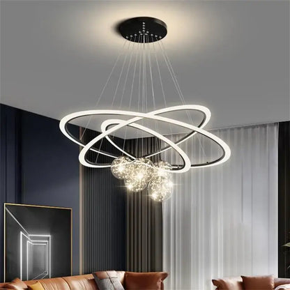 Modern minimalist circle ring pendant light with sleek white led rings and sparkling crystal spheres for bedroom decorbites circle ring