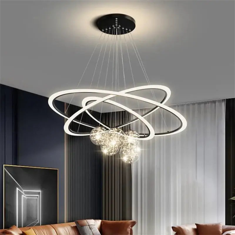 Modern minimalist circle ring pendant light with sleek white led rings and sparkling crystal spheres for bedroom decorbites circle ring