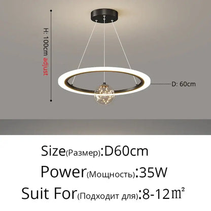 Modern minimalist black and white decorbites circle ring pendant light with a central glass globe chandelier for bedroom decor
