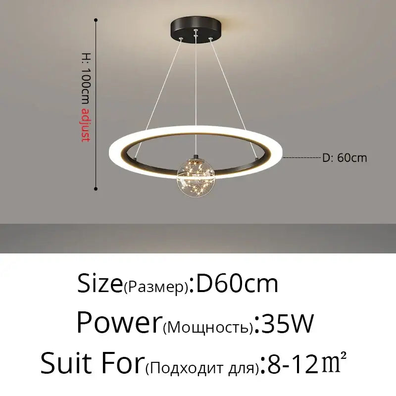 Modern minimalist black and white decorbites circle ring pendant light with a central glass globe chandelier for bedroom decor