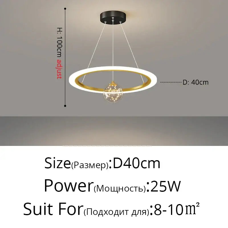 Modern minimalist circle ring pendant light by decorbites with sleek gold white frame and crystal globe for bedroom decor