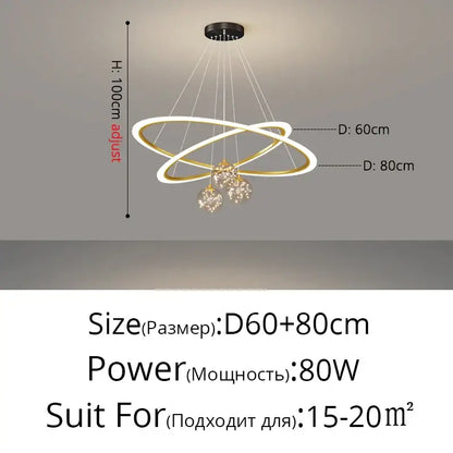 Modern minimalist decorbites circle ring pendant light with gold and white metallic rings and crystal pendants 80w power