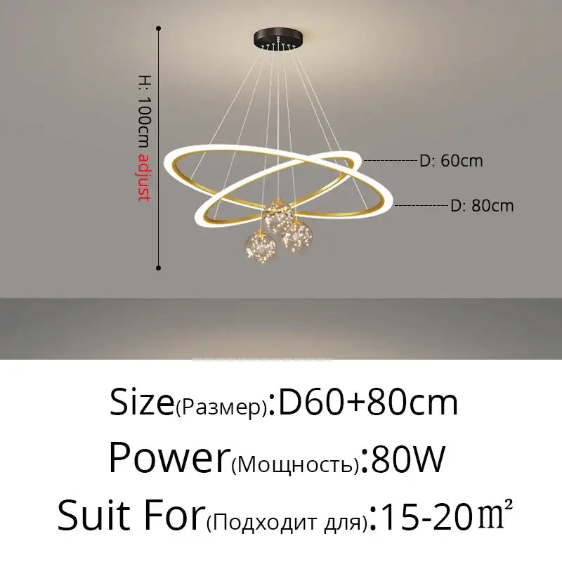 Modern minimalist decorbites circle ring pendant light with gold and white metallic rings and crystal pendants 80w power