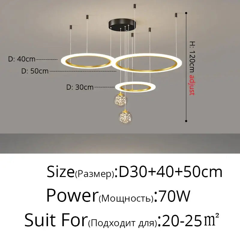 Modern minimalist circle ring pendant light with tiered gold and white rings and crystal globe pendants by decorbites circle ring