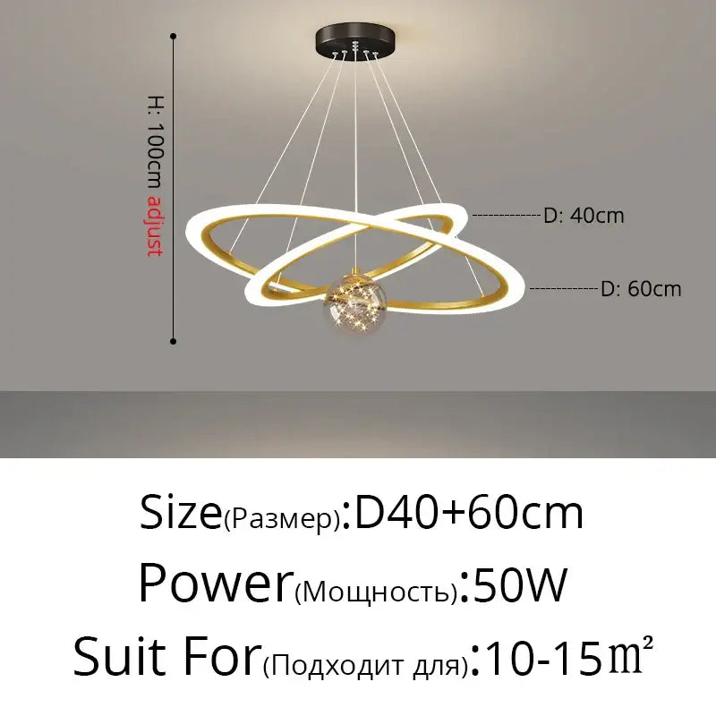 Modern minimalist circle ring pendant light with gold and white led rings crystal center and black mount decorbites circle ring