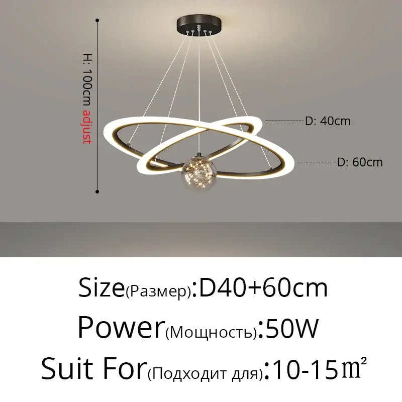 Modern black and white decorbites circle ring pendant light with two interlocking rings and crystal globe chandelier
