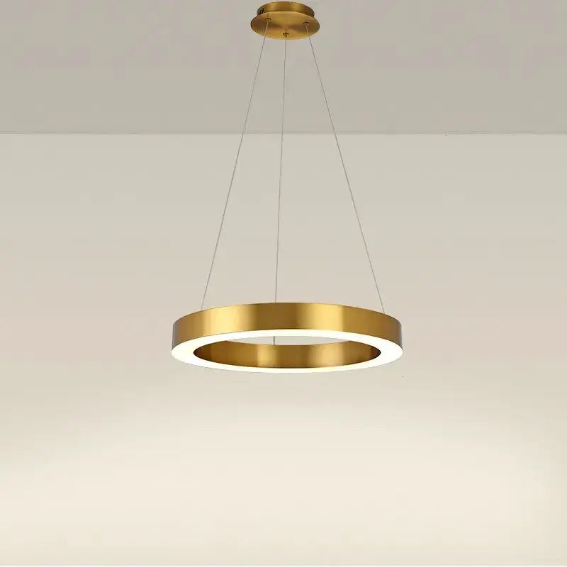 Modern minimalist circular gold ring pendant light with a sleek design and illuminated ring for dining room decorbites circular gold