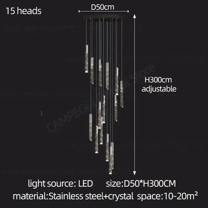 Modern minimalist crystal chrome led chandelier with 15 slender crystal-encased lights and black stainless steel canopy