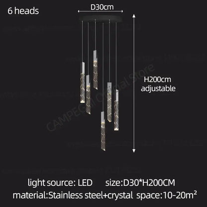 Modern minimalist six-head decorbites crystal chrome led chandelier with adjustable height for contemporary stairwell decor