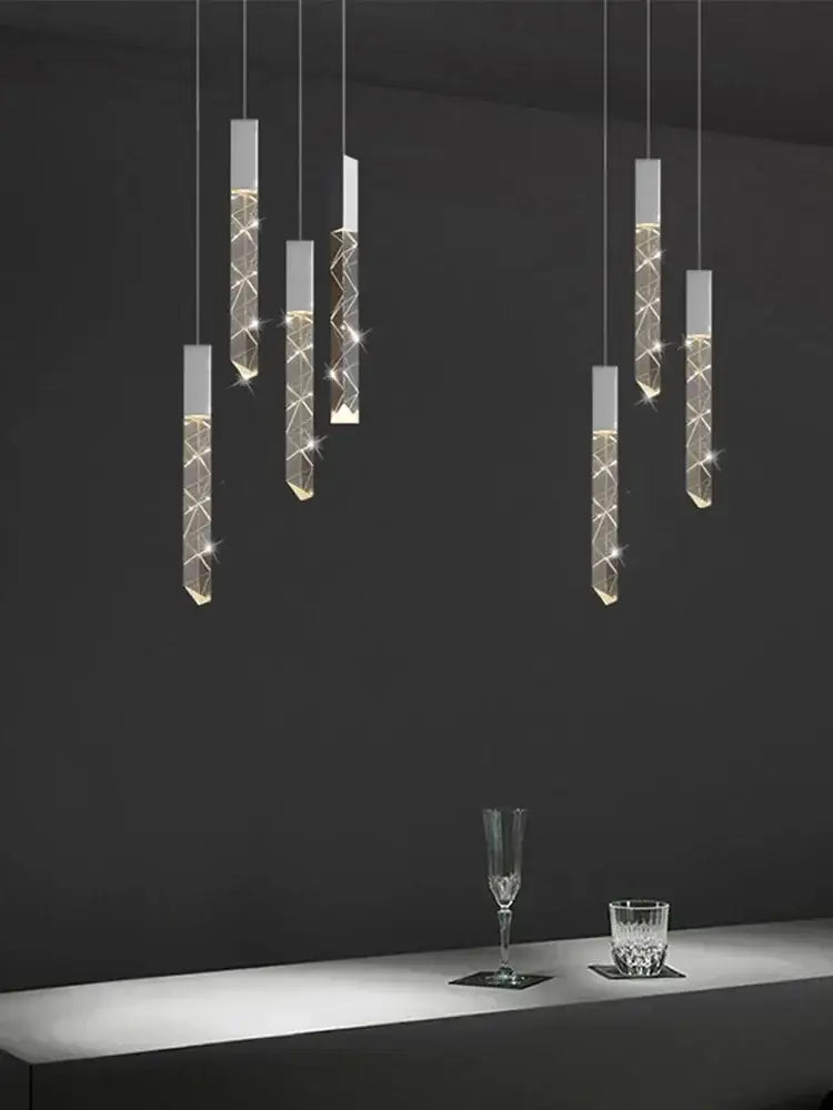 Modern minimalist crystal led pendant light with sleek rectangular acrylic bodies and intricate internal led lighting patterns