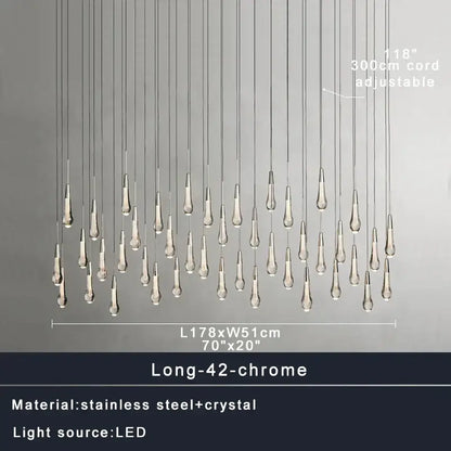 Modern minimalist ceiling chandelier with 42 chrome-finished cords and decorbites crystal water-drop droplets for dining room