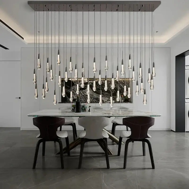Modern minimalist ceiling chandelier with decorbites crystal water-drop glass pendants on a dark metal frame