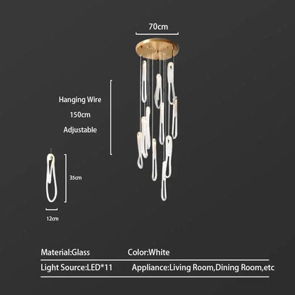 Modern minimalist elegant led glass chandelier with 11 white glass lights and gold-toned ceiling mount for dining room