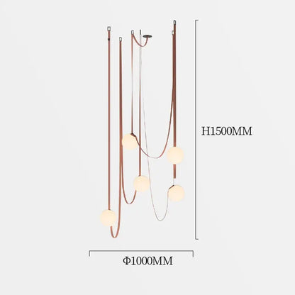 A modern minimalist copper pendant light with five frosted glass ball bulbs, ideal for dining room decorbites glass ball