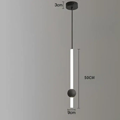 Modern minimalist black glass rod pendant light with cylindrical led tube and matte spherical accents for living room