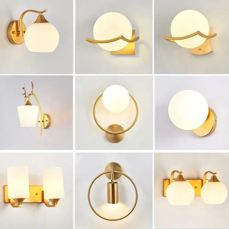 Modern minimalist gold wall lamp with frosted glass shade designed for bedroom lighting and decor