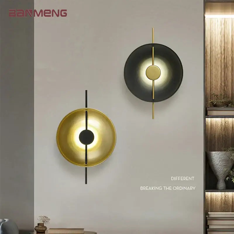 Modern minimalist gold and black led wall lamps with sleek circular designs for living room lighting