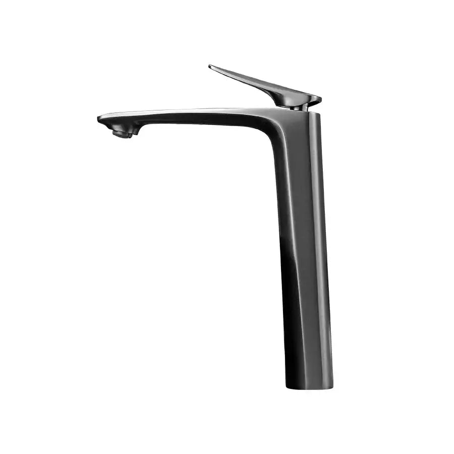 Modern minimalist high basin mixer faucet in matte black with polished chrome accents for cold water use
