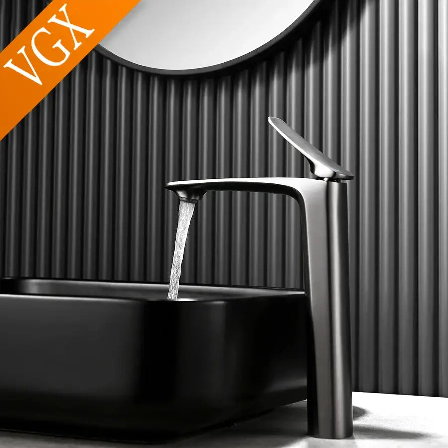 Modern minimalist black basin mixer faucet with tall spout designed for high basin and cold water use